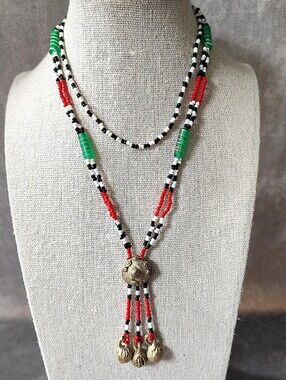 Seed Bead Matte Brass 3 Strand Tassel Tribal Vintage Dual Beaded Necklace